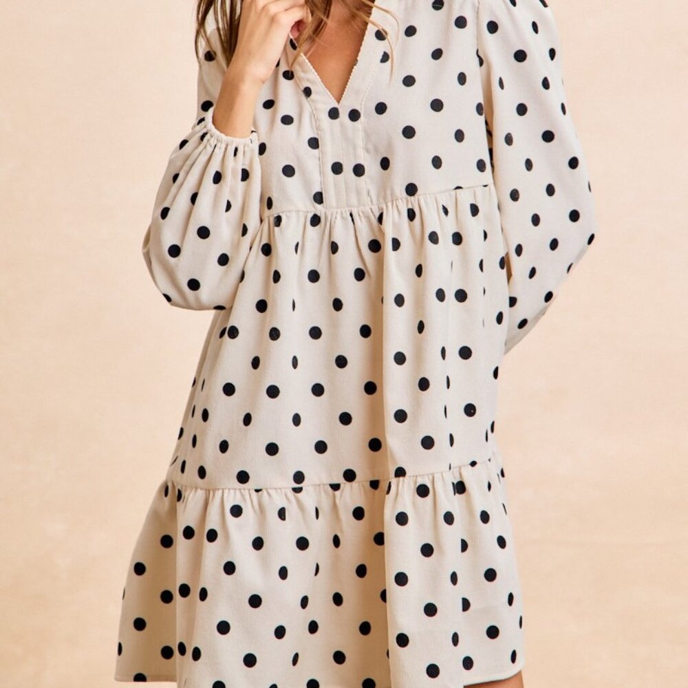 BiBi Polka Dot Corduroy‎ Collared V Neck Dress